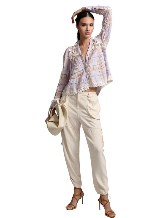 Pilcro Tops - Light Purple Plaid Crochet Trim Button-Up Top